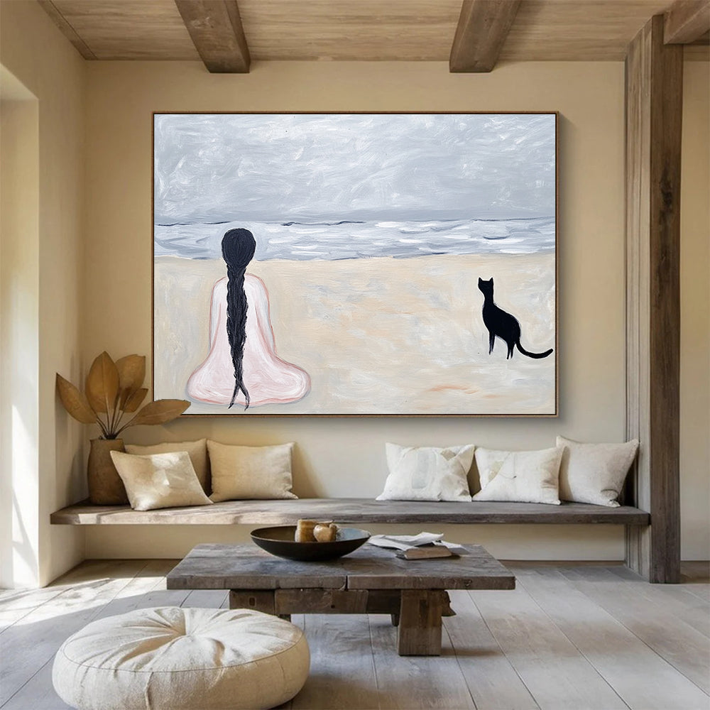 Woman and Cat on the Beach  A Moment of Solitude ABS060