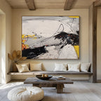 Dynamic Black - White - Yellow Abstract Energetic Painting for Bold Interiors YHT029
