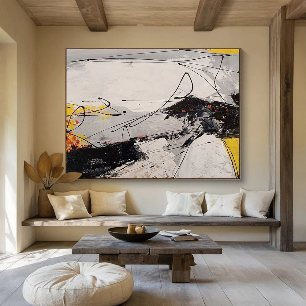 Dynamic Black - White - Yellow Abstract Energetic Painting for Bold Interiors YHT029