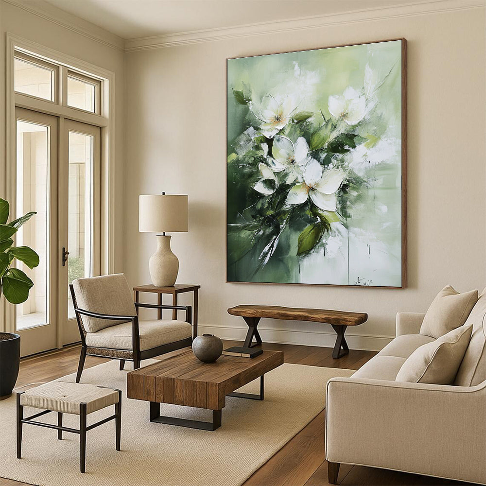 White Flowers on Green Abstract Painting for Elegant Tea Rooms GAB0830