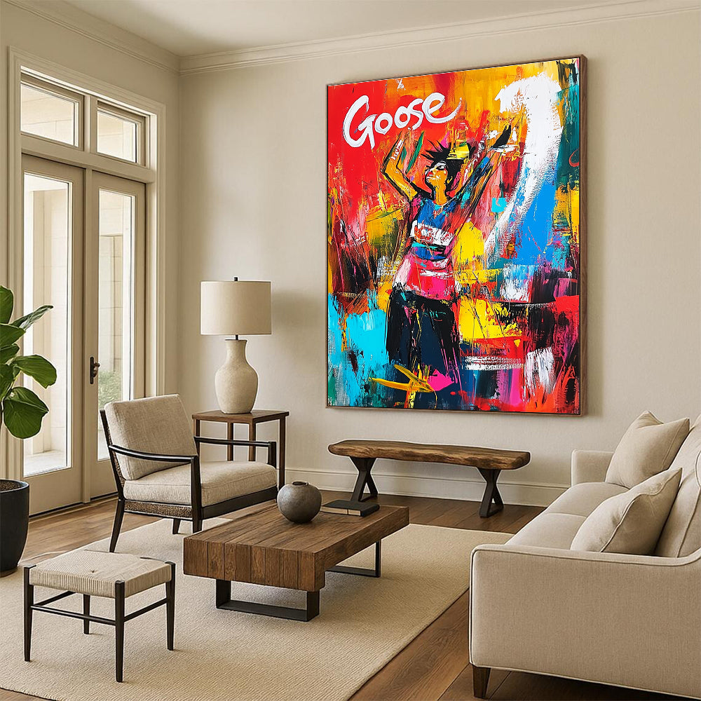 Colorful Figure with Goose Text Abstract Painting for Vibrant Event Spaces GAB1170