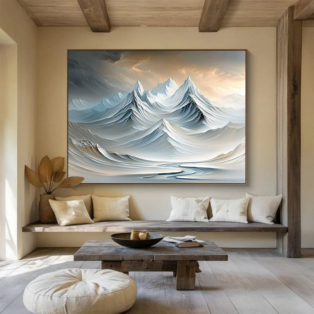 Surreal Snowy Mountain Range Abstract Painting with Dreamlike Beauty ABS609