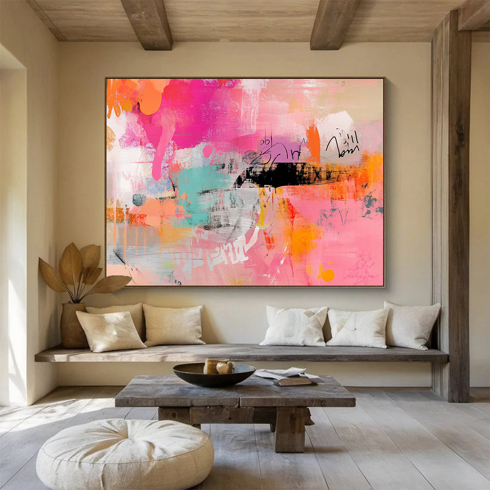 Pink and Orange Abstract Expression Painting with Bold, Spontaneous Marks ABS467