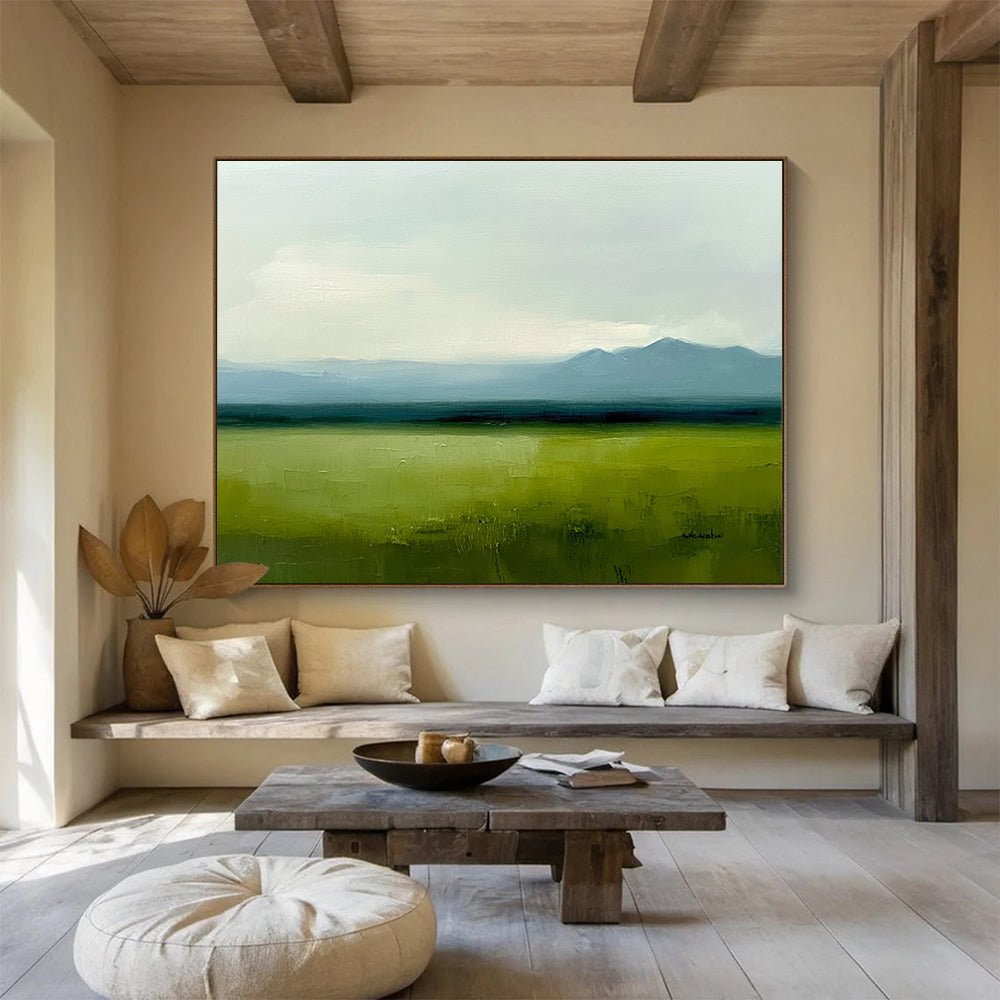 Subtle Green Landscape Painting with Calm Distant Mountains ABS567