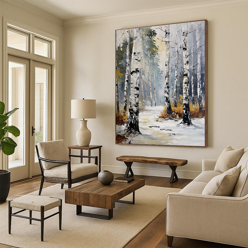 Winter Birch Forest Abstract Painting for Cozy Cabin Living Rooms GAB1310