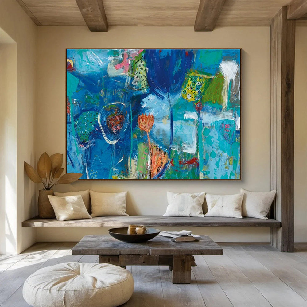 Blue Abstract Floral Painting for Calming Spa Interiors YHT245