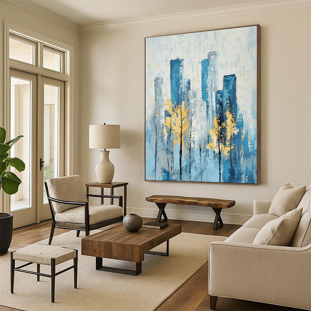 Blue Cityscape with Yellow Trees Serene Abstract Painting for Urban Homes GAB1402