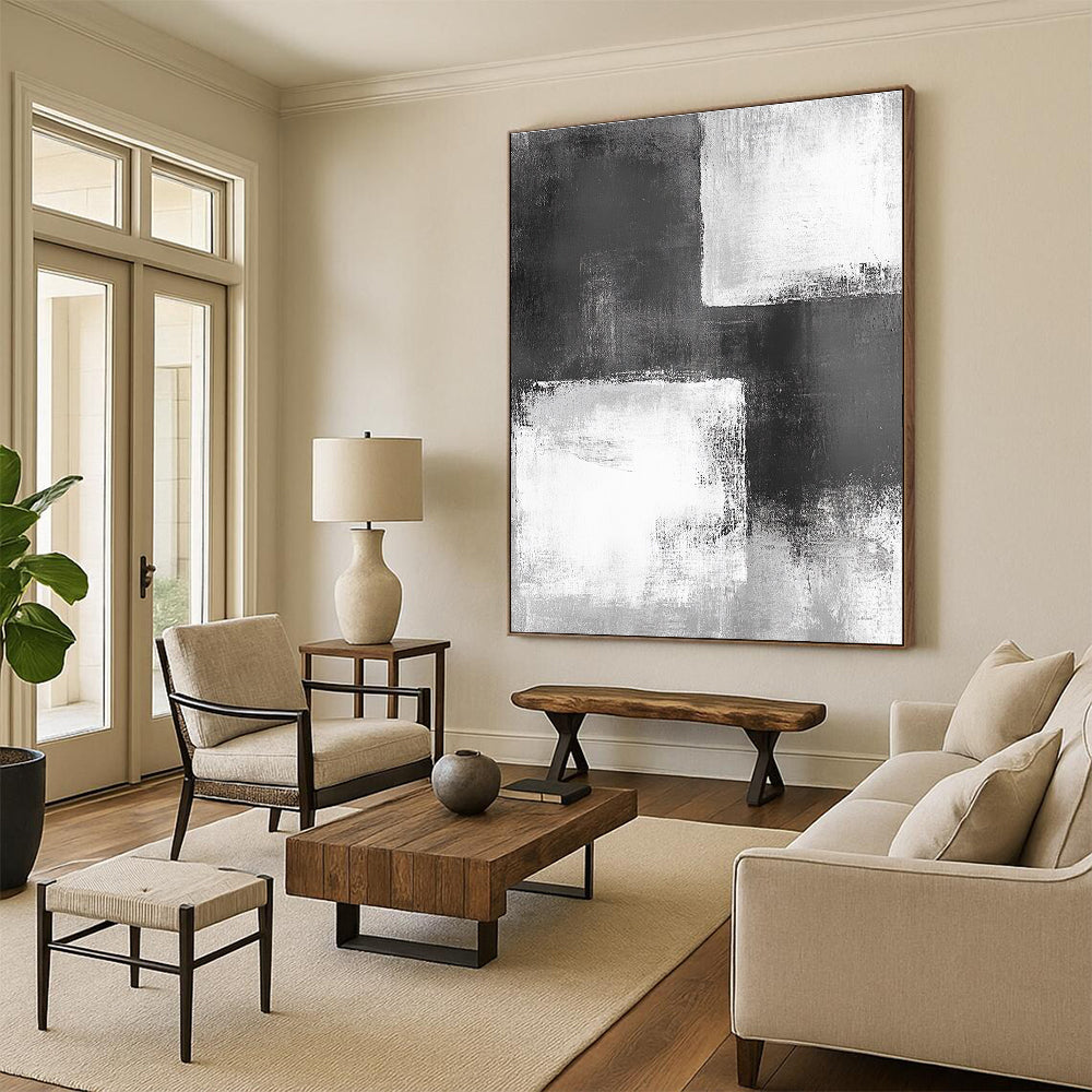 Black - White Abstract Squares Painting with Geometric Intrigue WINK421