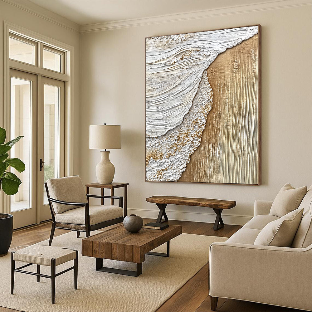 Beige and White Textured Shore Abstract Painting with Coastal Elements GAB0070