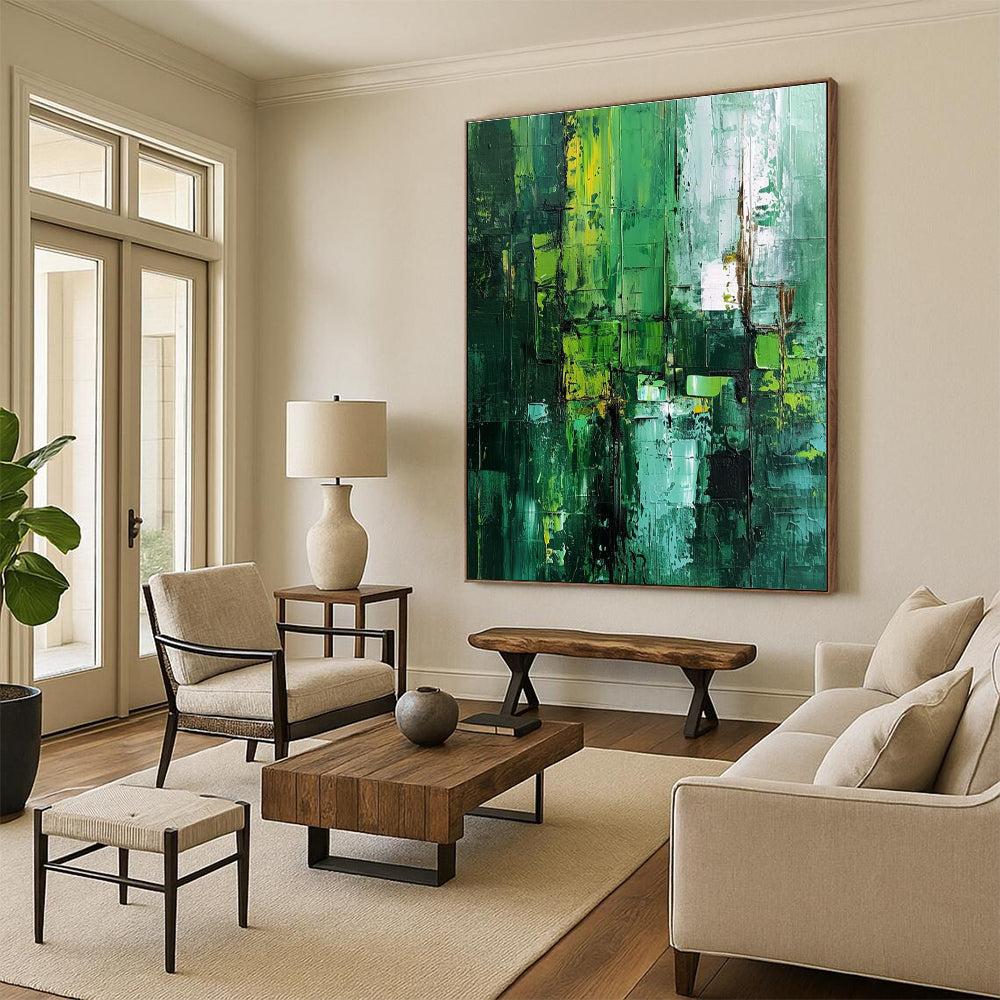 Green Textured Abstract Painting for Eco - Friendly Office Break Rooms HENG012