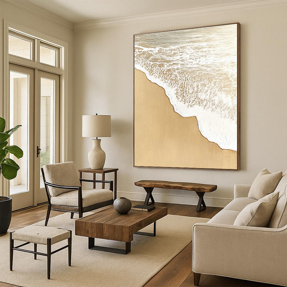 Sandy Beach with White Waves Abstract Painting with Coastal Charm GAB0077