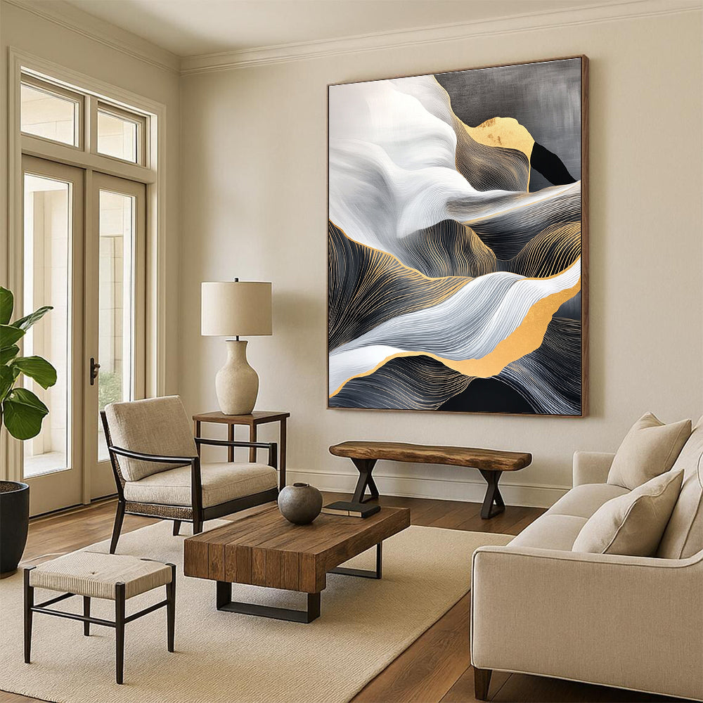 Golden - Lined Wave Abstract Painting for Sophisticated Living Rooms GAB0820
