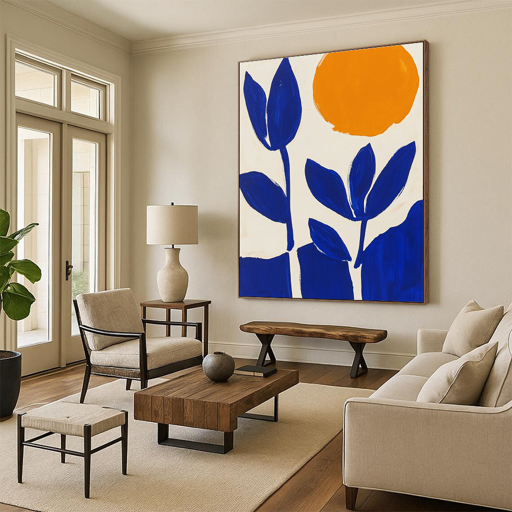 Blue Flowers and Orange Sun Abstract Painting for Cheerful Kitchens GAB1374