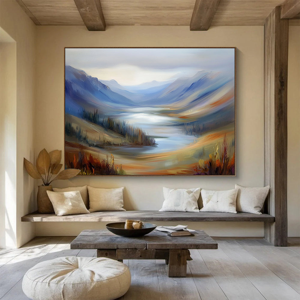Misty Mountain Valley Lake Painting with Soothing Tranquil Hues ABS560