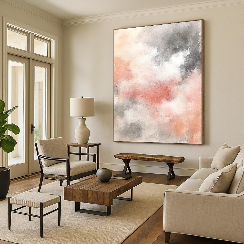 Pink and Gray Clouds Dreamy Abstract Painting for Serene Bedrooms GAB1510