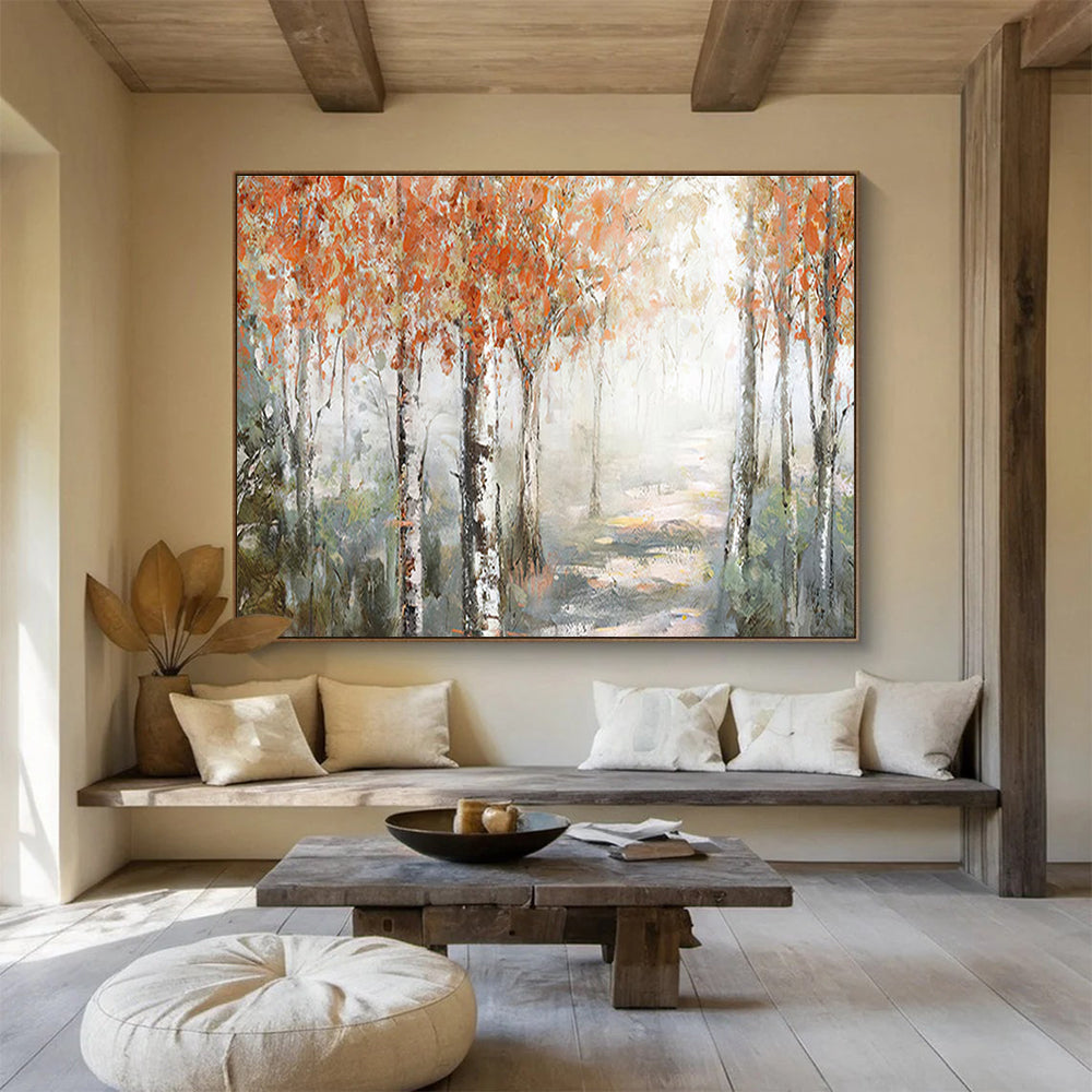 Autumn Birch Forest Abstract Painting for Cozy Reading Nooks YHT222