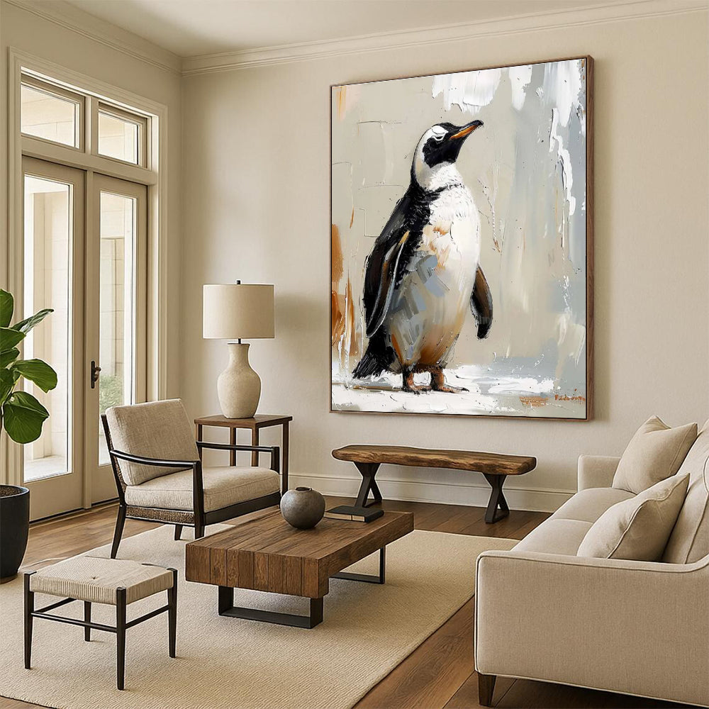 Textured Penguin Portrait Abstract Painting for Playful Kids' Spaces HENG496