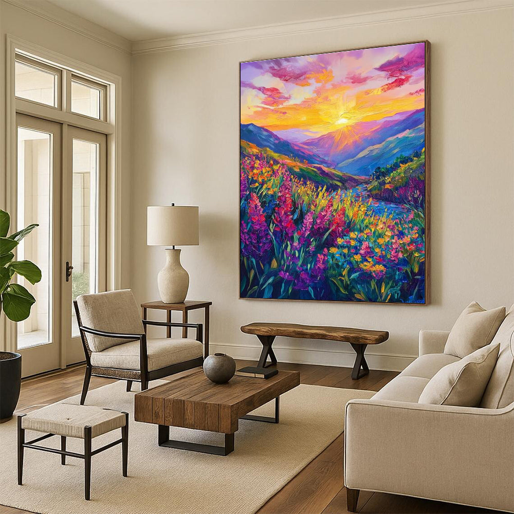 Vivid Mountain Landscape Abstract Painting for Luxury Ski Lodge Lounges HENG526