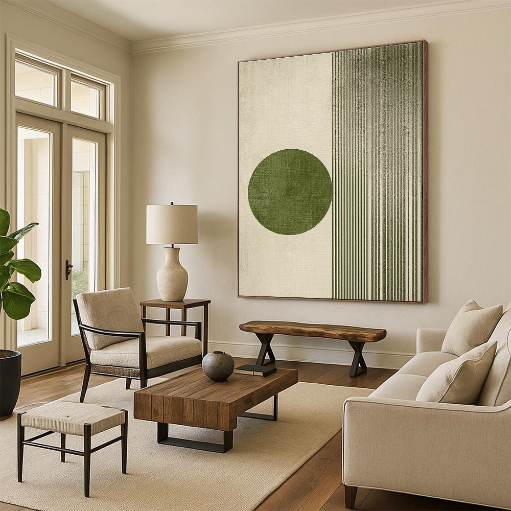 Green Circle and Lines Abstract Painting for Modern Minimalist Interiors GAB1370