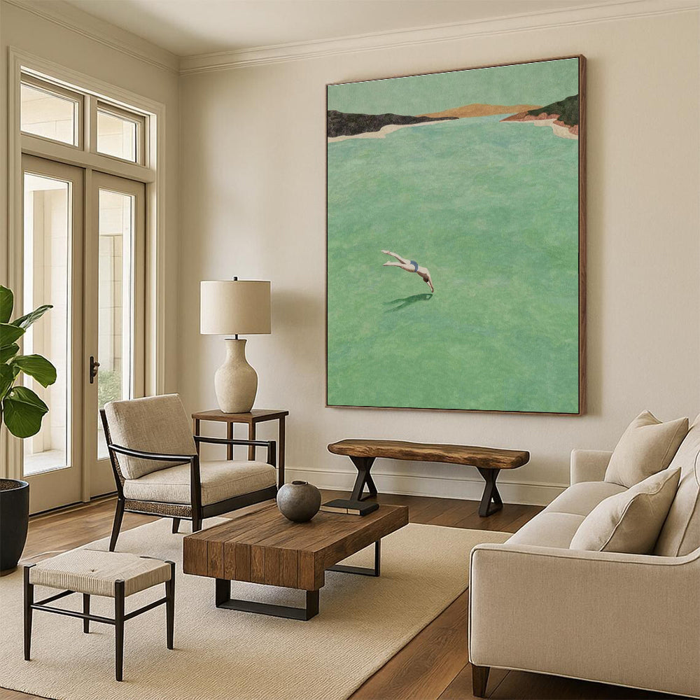 Diver in Green Water Figurative Painting for Nature - Inspired Spaces HENG304