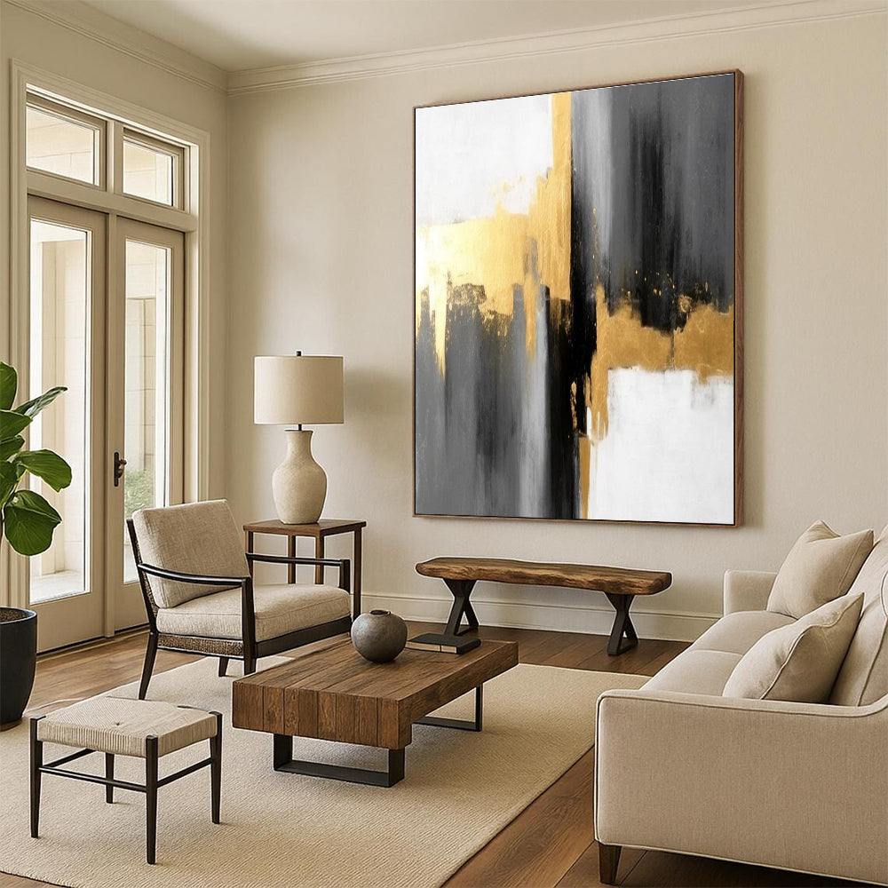 Gray - Gold Abstract Contrast Painting for Sophisticated Corporate Lobbies HENG076