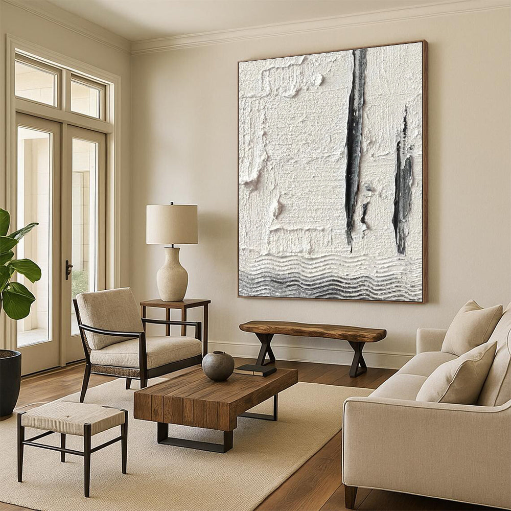 Gray - White Textured Fragment Abstract Painting for Industrial - Chic Spaces HENG371