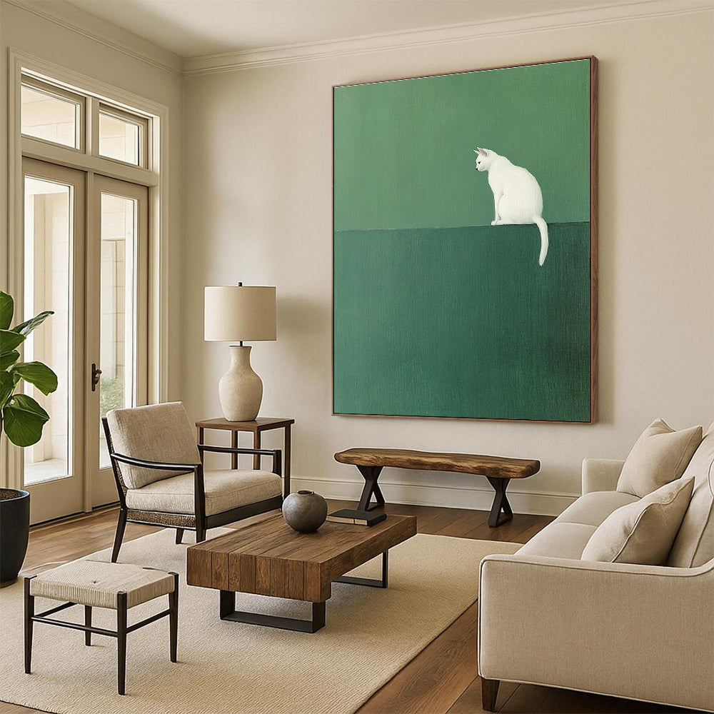 White Cat on Green - Minimalist Animal Art GAB0405