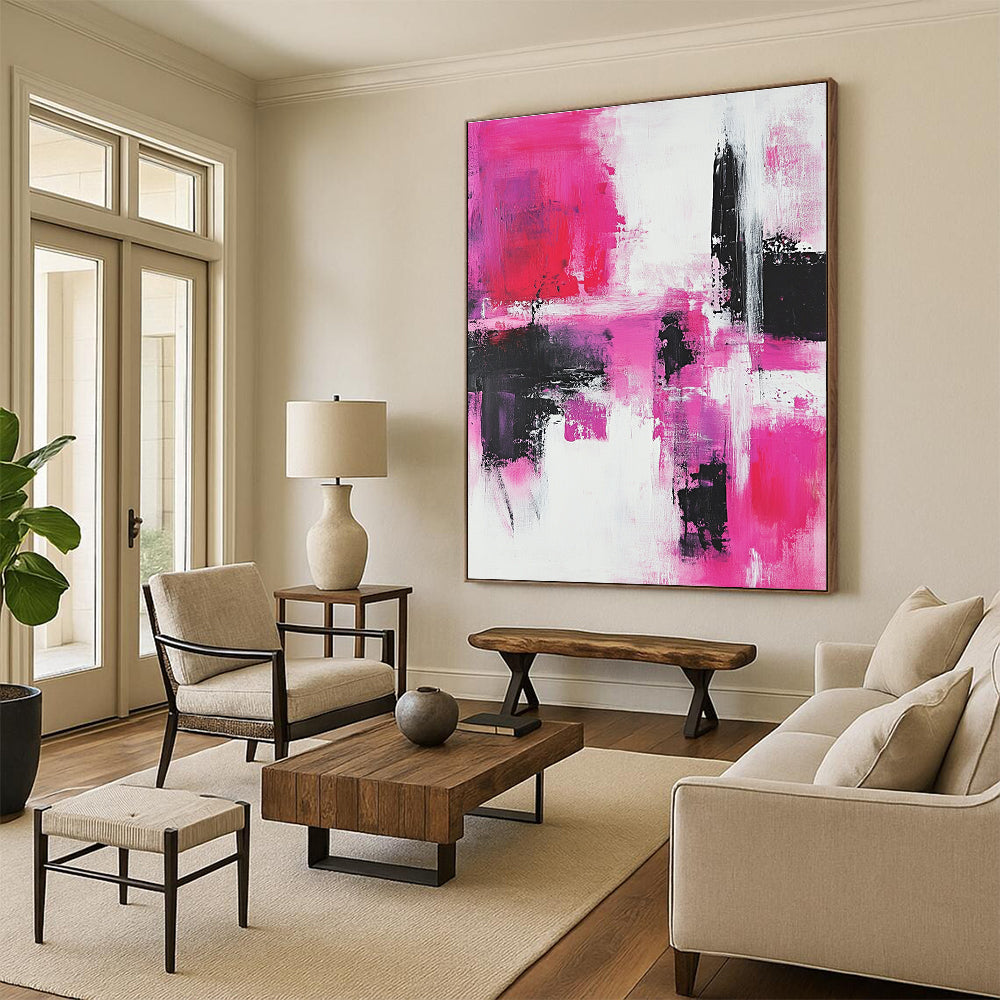Bold Pink and Black Abstract Painting for Vibrant Interiors GAB0672