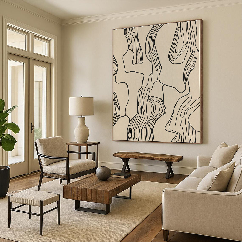 Black Line Abstract on Beige Abstract Painting with Minimalist Grace WINK268