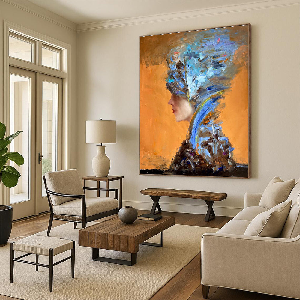 Blue and Brown Textured Portrait Abstract Painting for Sophisticated Dining Rooms HENG348