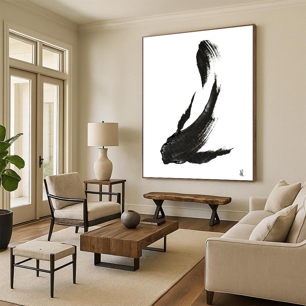Minimalist Black Ink Fish Painting for Zen - Inspired Home Offices HENG181