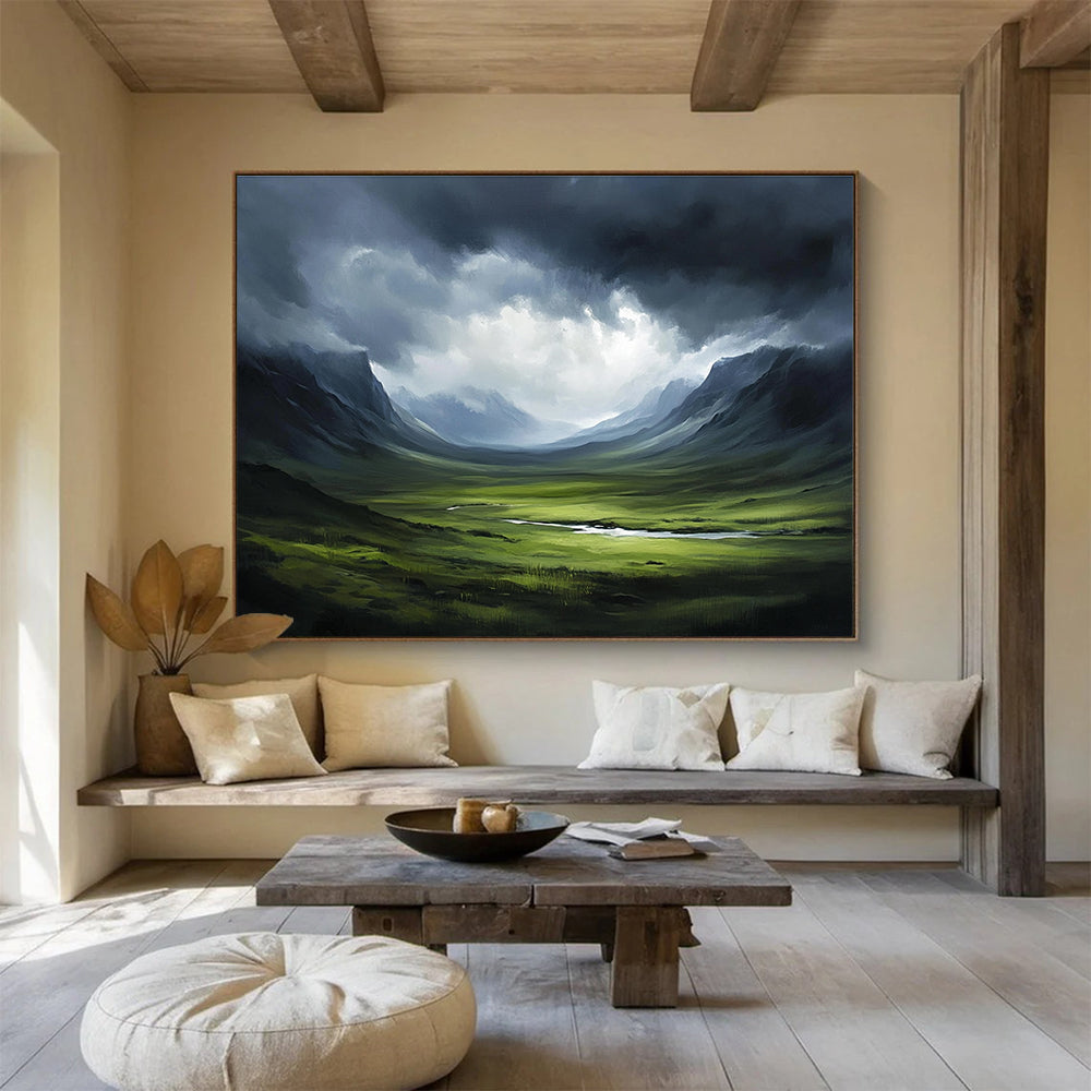 Dark Valley with Stormy Sky Abstract Painting with Dramatic Nature ABS604