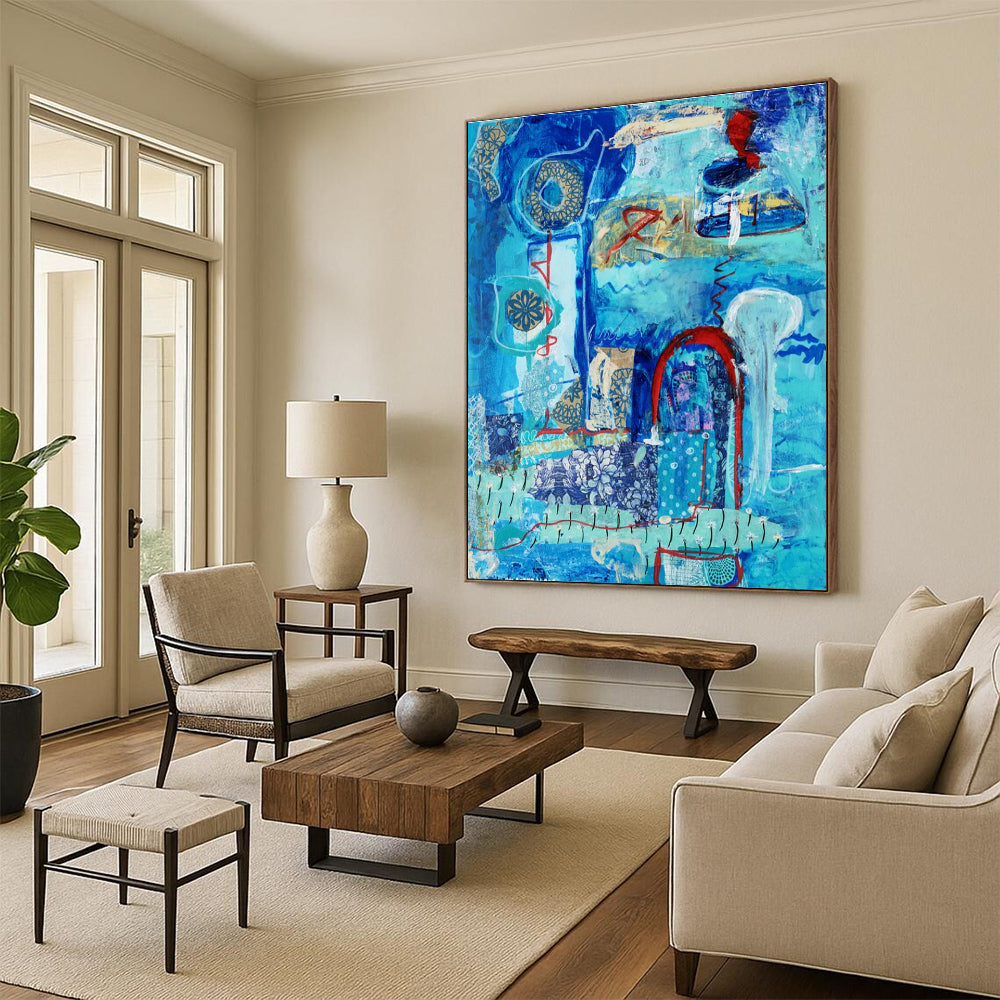Serene Blue - Themed Abstract Collage Painting for Calm Interiors HENG296