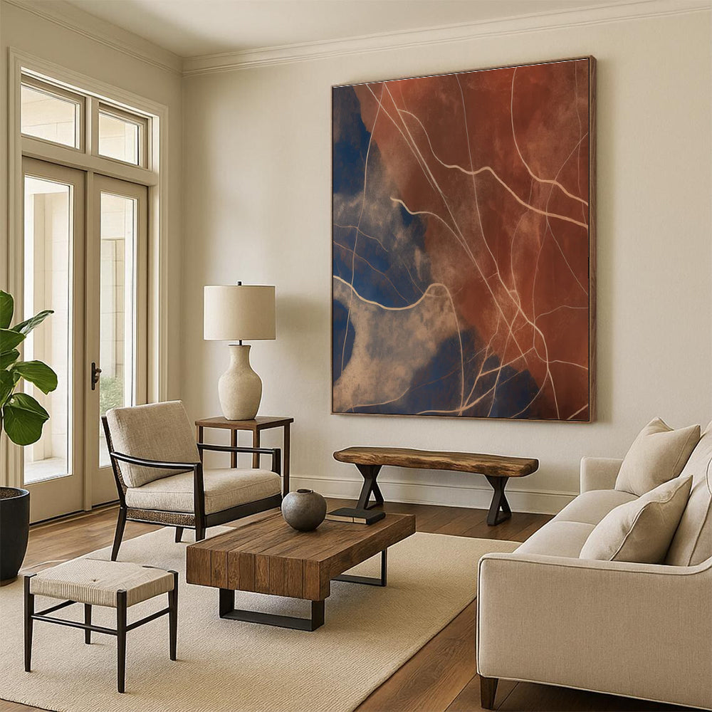 Brown - Blue Line Abstract Painting for Modern Living Rooms HENG120