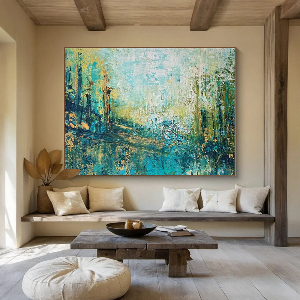 Turquoise and Gold Abstract Forest Painting for Nature - Loving Home Offices YHT343