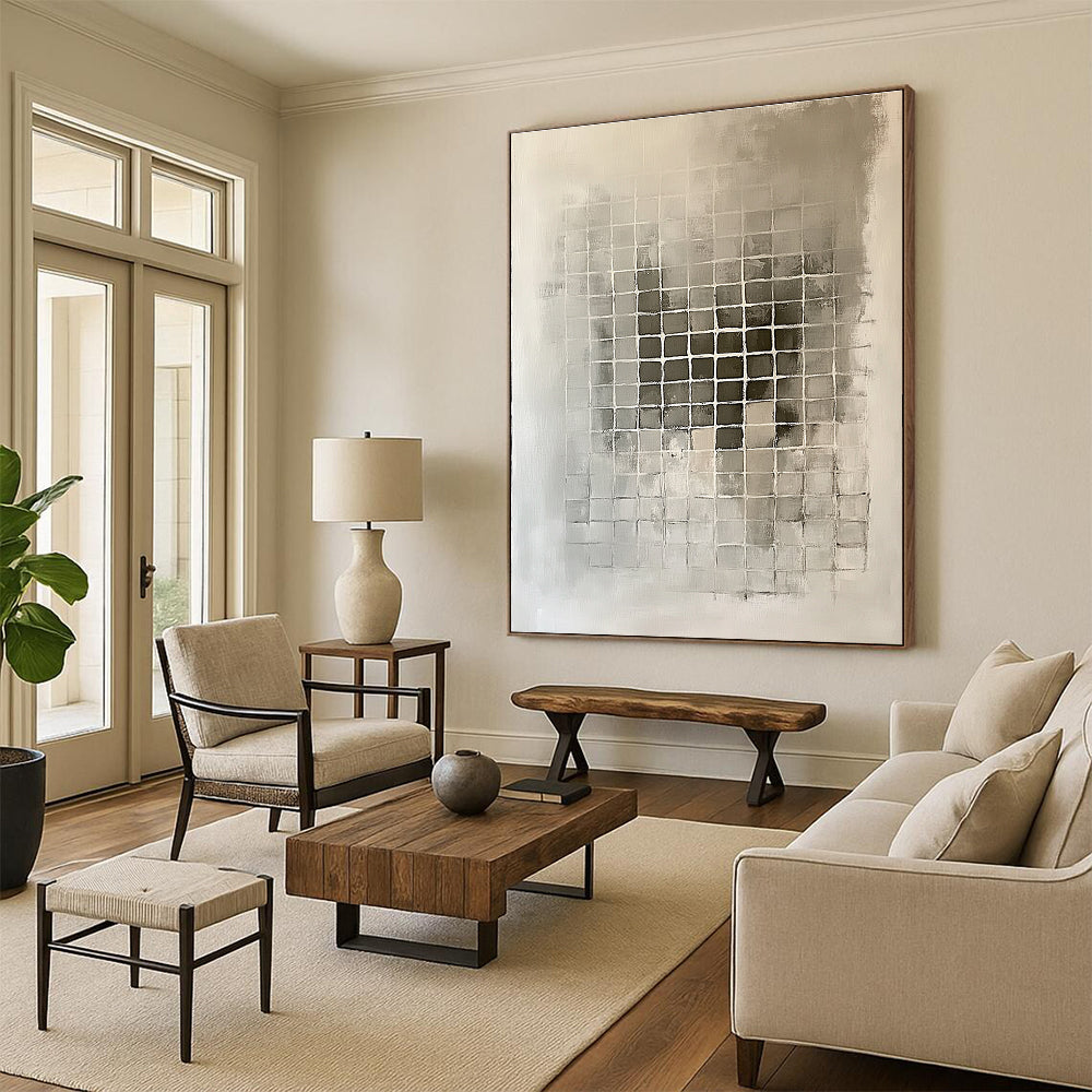 Grid - Patterned Gray Abstract Painting with Structured Calm WINK227