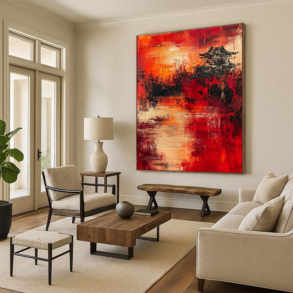 Cultural Red - Black Pagoda Abstract Painting: Heritage Meets Modern Art GAB0956