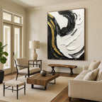 Black - White - Gold Swirl Textured Abstract Painting for Luxury Interiors HENG381