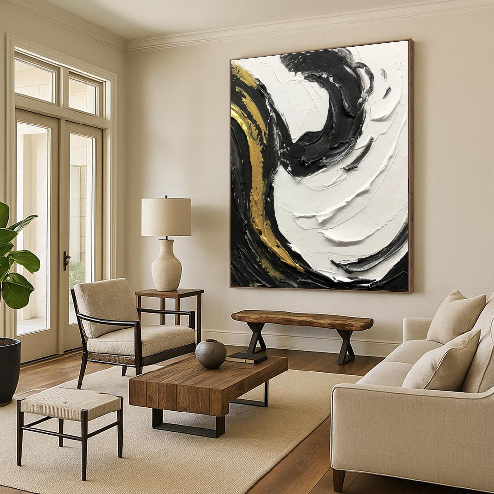 Black - White - Gold Swirl Textured Abstract Painting for Luxury Interiors HENG381