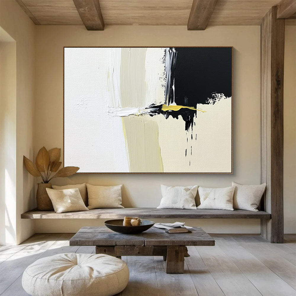 Black, White, and Yellow Abstract with Bold Brushstrokes Abstract Painting ABS365