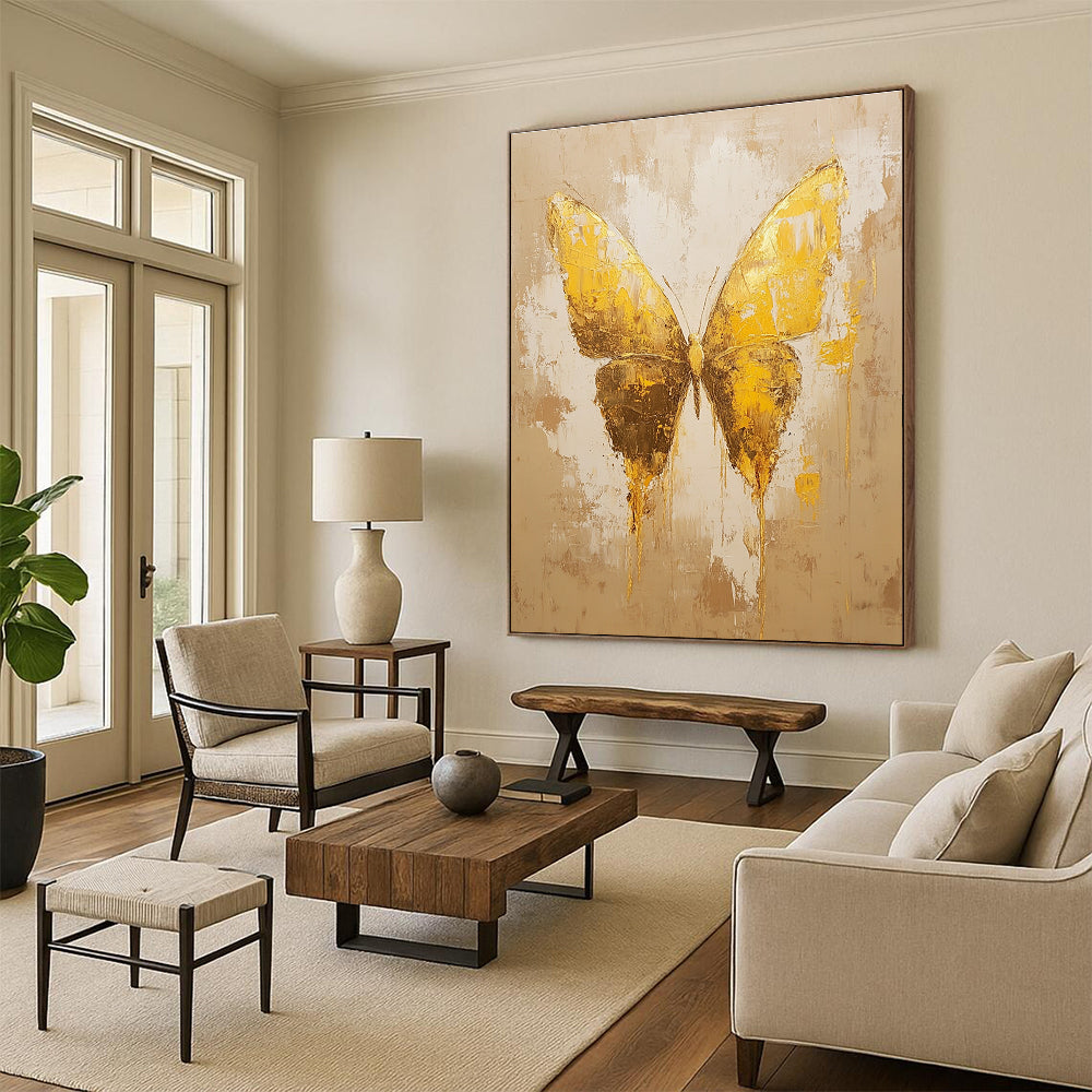 Golden Textured Butterfly Abstract Painting of Opulent Transformation GAB0163
