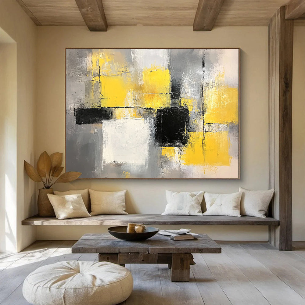 Yellow, Gray and Black Geometric Abstract Painting with Vibrant and Neutral Tones ABS400