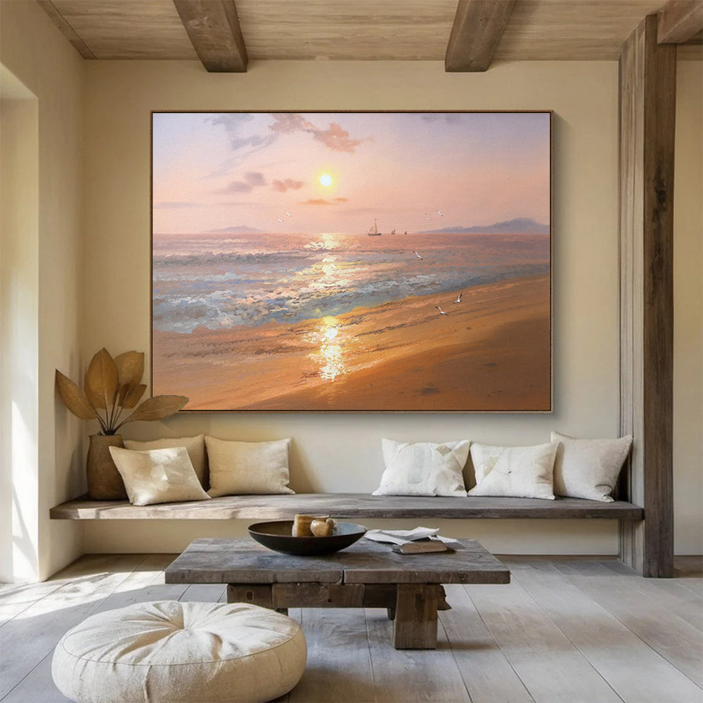 Beach Sunset with Birds and Boats Abstract Painting for Coastal Resort Lobbies YHT271