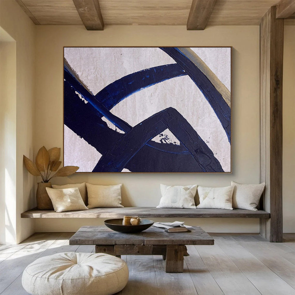 Dark Blue Abstract Lines Painting for Modern Corporate Lobbies YHT350