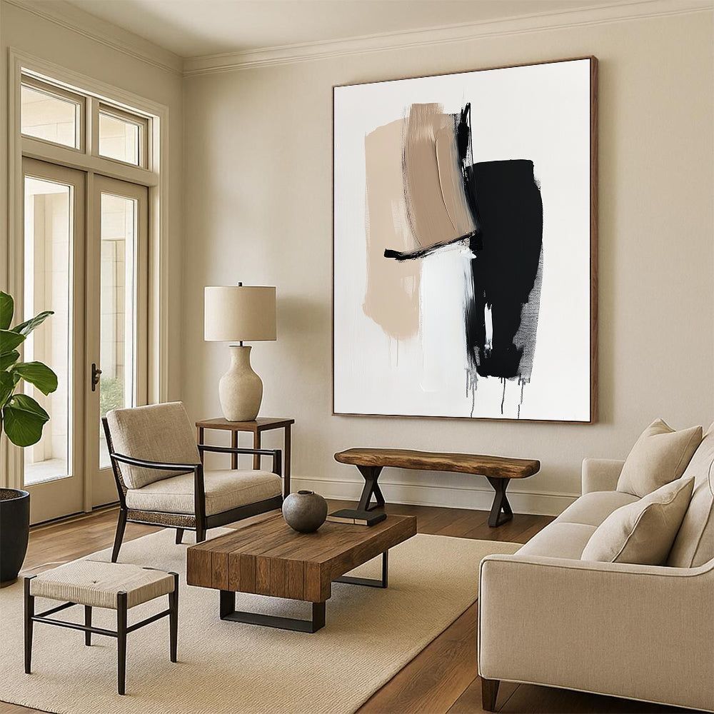 Beige Black White Abstract Painting with Minimalist Forms WINK632
