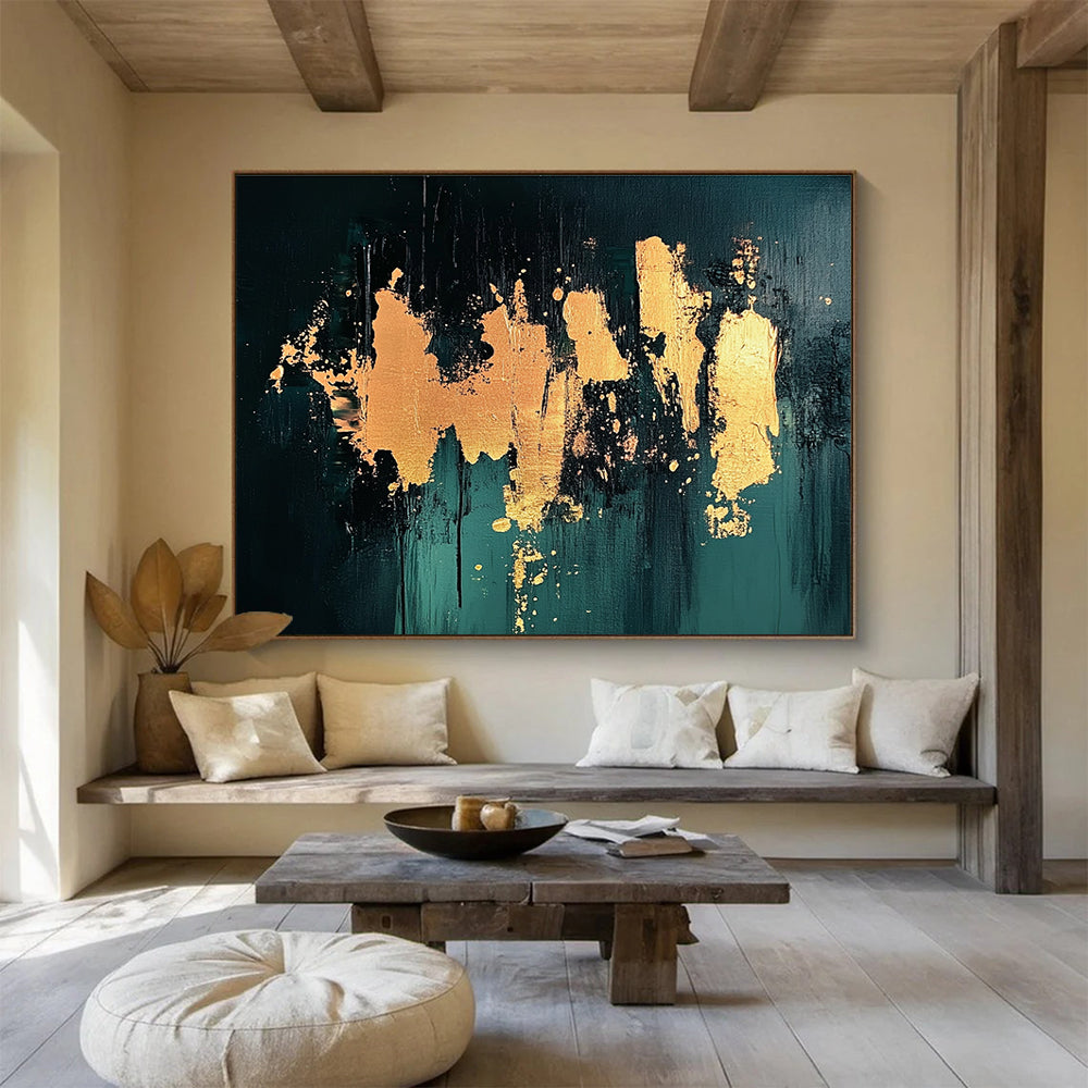 Gold Splash on Green Abstract Painting with Luxurious Accents ABS418