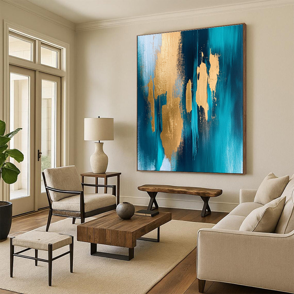Teal - Gold Abstract Strokes Painting with Bold Radiance WINK381