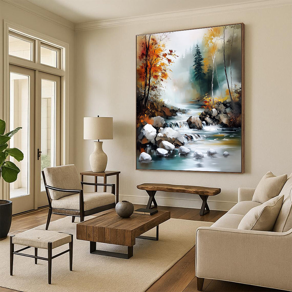 River in Autumn Forest Serene Landscape Abstract Painting GAB0326
