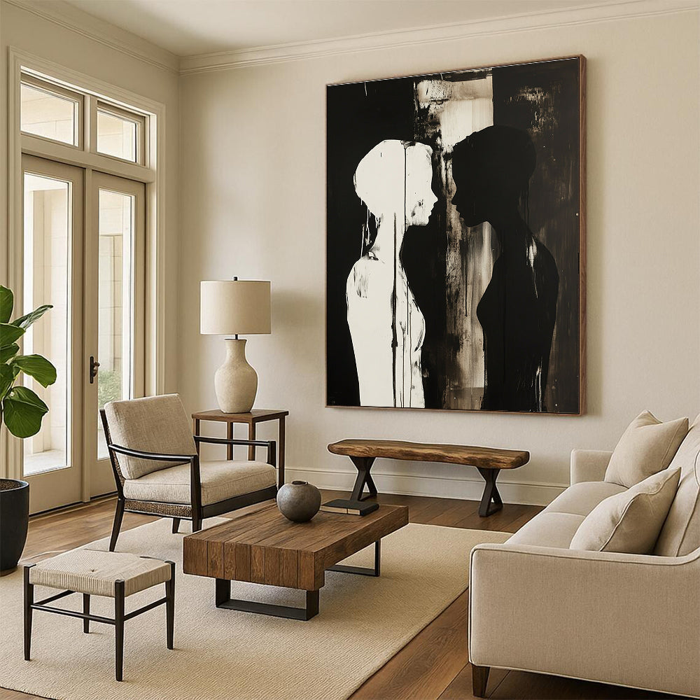 Black and White Silhouettes Emotional Abstract Painting for Introspective Spaces GAB1495