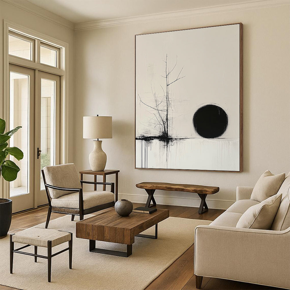 Bare Tree and Black Circle Abstract Painting of Quiet Contemplation GAB0204